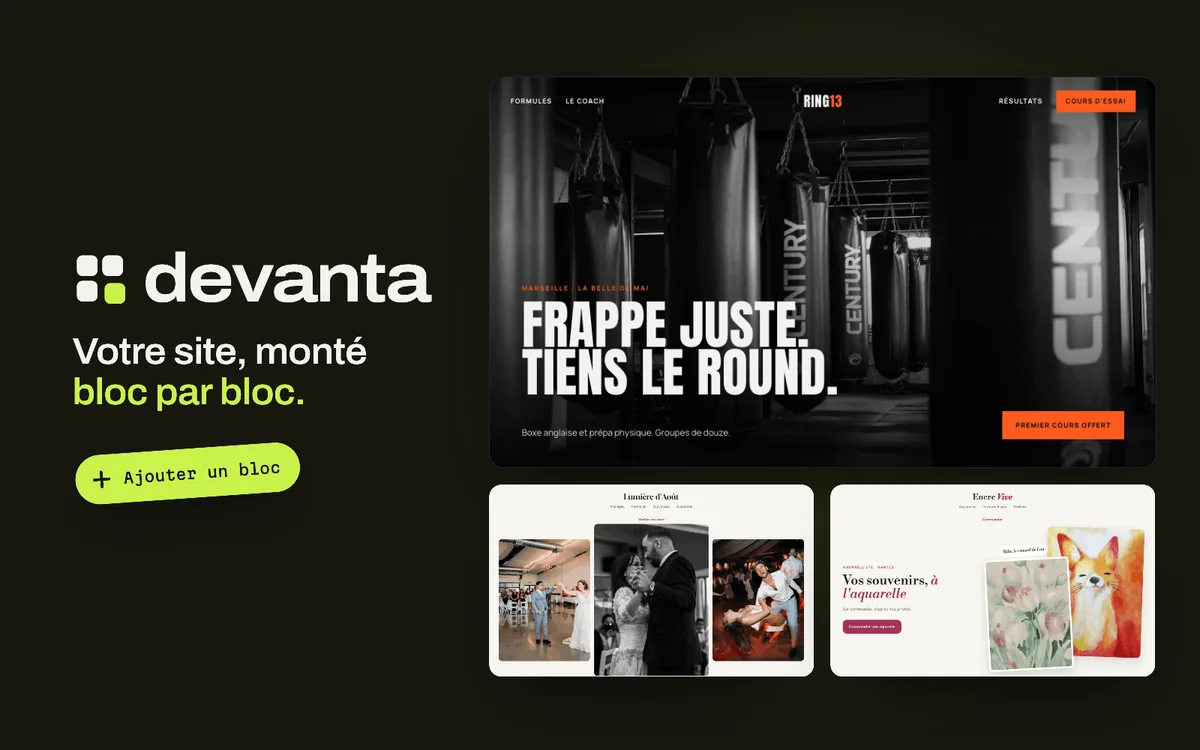 L'accroche de Devanta à côté de trois sites créés avec l'éditeur