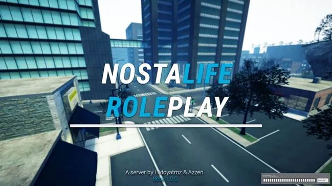 L'écran de chargement du serveur Nostalife Roleplay, au-dessus d'une ville de Garry's Mod